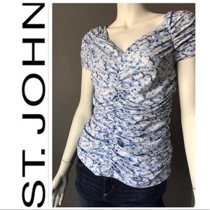 ST JOHN TOP ROUCHE BLUE WHITE STRETCH SIZE SMALL
